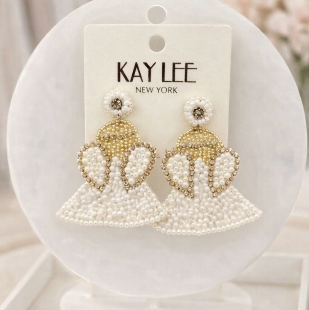Kay Lee White Beaded Angel Earrings New
